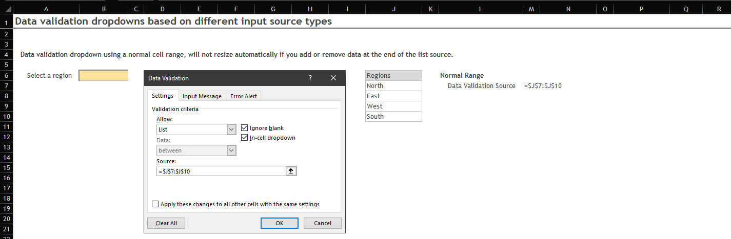 Data validation dropdown example 1